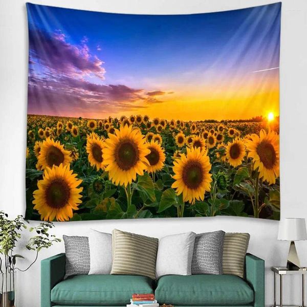 Tapisseries Tapisserie de champ de tournesol Nature lumière du soleil jaune floraison fleur paysage tenture murale pour chambre salon décor