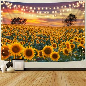 Tapisseries Tapisserie De Tournesol Coucher De Soleil Champ De Tournesol Plante Florale Tapisserie De Fleur Jaune pour Chambre Salon Décoration Rideau Suspendu