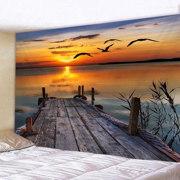 Tapisseries coucher de soleil oiseau tapisserie pour chambre beau paysage mer vague lac tenture murale tissu fond plafond décor à la maison