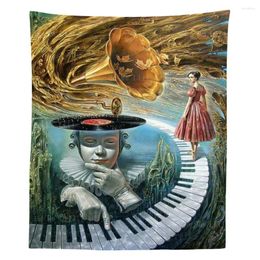 Tapisseries Musique Surréaliste Vie La Fille Marchait Sur Le Piano Art Nouveau Belle Femme Collage Style Tenture Murale Décor Tapisserie