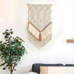 Tapestries Tapestries Rame Wall hangende handgeweven Boheems katoenen touw Boho Tassel Tapestry Home Decor Art voor appartement woonkamer Dhryl