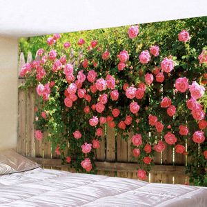 Tapestries Tapestry Aesthetics Spring Flower Fence Pink Rose Plant Wall Garden Window Natural Scenery Home Decoration 230725