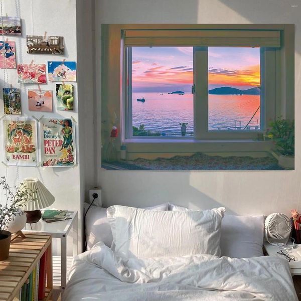 Tapices Tapiz Hermoso Paisaje de ventana Fondo de ensueño Tela colgante Ins Habitación Decoración de dormitorio Dormitorio de pared