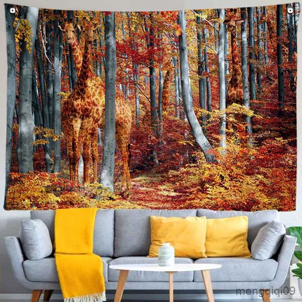 Tapisseries Tapisserie Girafe Caché Beau Feuillage Mur Chambre Rideaux Peinture Automne Paysage Tissu Esthétique Décoration R230705