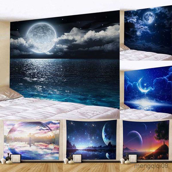 Tapisseries Tapisserie Plus Belle Lune Lumière Nuit Vue Jolie Mur Art Fond Chambre Salon Décoration Tissu Suspendu R230710