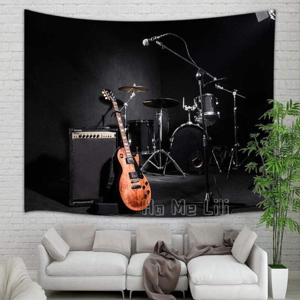 Tapisseries adolescente fille garçon musique Instruments de musique guitare avec tambour en noir tapisserie murale Art pour les décorations de la maison