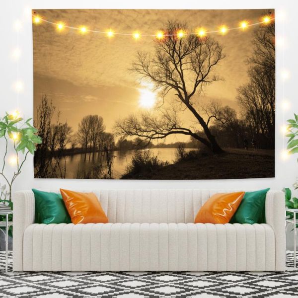 Tapisseries Arbre Au Bord Du Lac Au Coucher Du Soleil Paysage Tapisserie Vintage Été Exotique Plante Nature Cadre Pour Chambre Pographie Décoration Murale