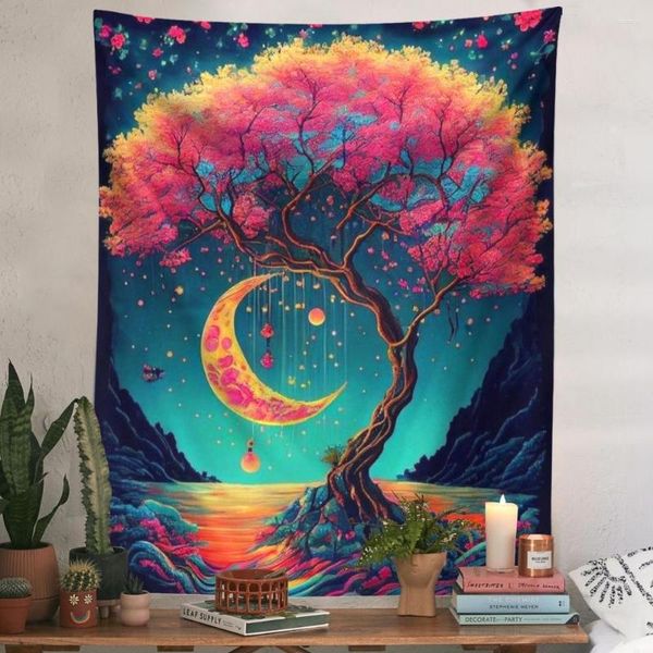 Tapisseries Arbre De Vie Tapisserie Trippy Coloré Mur Hippie Soleil Lune Étoile Galaxie Espace Forêt Suspendu