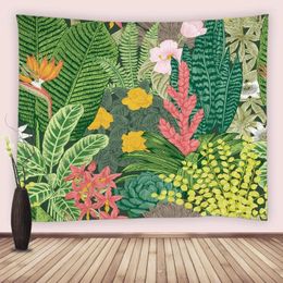 Tapisseries Tapisserie florale de jungle tropicale feuilles de palmier vertes exotiques aquarelle fleur tenture murale chambre salon dortoir décor