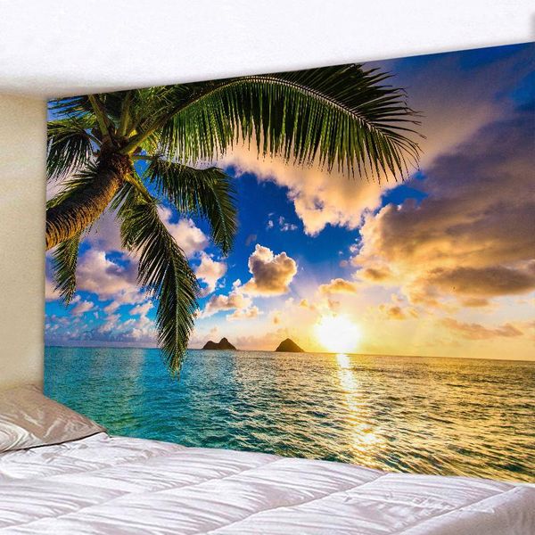 Tapisseries murales suspendues avec arbre tropical, plage, coucher de soleil, mer, paysage naturel, plafond ondulé, décoration de la maison