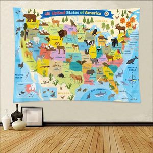 Tapisseries Carte des États-Unis Tapisserie Dessin animé Amérique États-Unis Distribution de l'État Coloré Tenture murale éducative pour chambre d'enfants