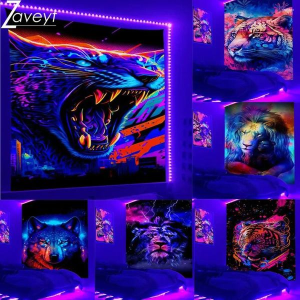 Tapices UV Black/Purple Light Reactive Tapestry 3d Animal León Leopardo Bohemio Colorido Tigre Wolf Mall