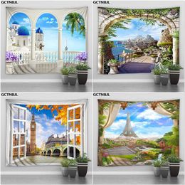 Tapestries View Platform Tapestry Mooie Landschap Oude Rome Middeleeuwen Mountain Forest Castle Hippie Wall Hang Slaapkamer Deken