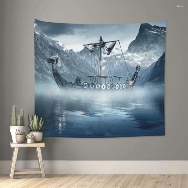 Tapices Viking Ship Tapestry Banner Nature Landscape Montañas Cortina Cortina de pared Decoración de arte colgante para sala de estar