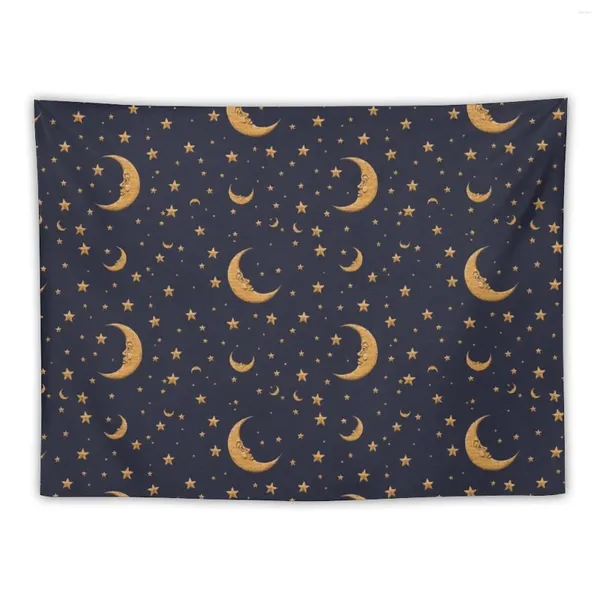 Tapices Vintage Luna De Oro Y Estrellas En Tapiz Azul Decoración De La Casa Decoraciones De Pared El