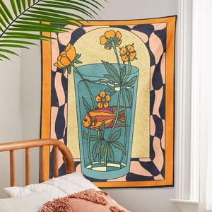 Tapestries Vintage Inspired Tapestry Wall Hanging Psychedelic vase goldfish flower Decor Minimalist Print Bohemian Art Mural 230531