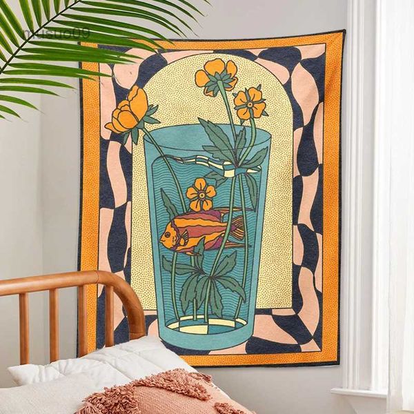 Tapisseries vintage Inspiré Tapisserie Tenture murale Vase psychédélique fleur de poisson rouge Décor Minimaliste Impression Bohème Art Décoration murale Murale