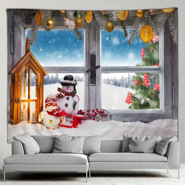 Tapisseries vintage fenêtre Noël Tapestry Santas Gift Farmhouse Country Home Garden mur suspendu décor art salon mural