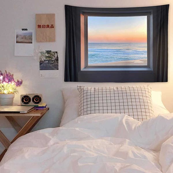 Tapices de decoración de pared, Tapiz colgante para habitación, ventana, decoración escénica del océano, Mural de decoración de Tapiz con vista al mar y puesta de sol