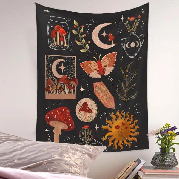 Tapices para colgar en la pared, tapiz bohemio dorado con Mandala, ropa de cama, sol, luna, estrella, seta, decoración estética para el hogar