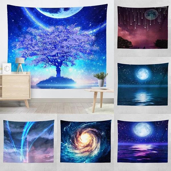 Tapices para colgar en la pared, tapiz de estrellas y Luna, fondo romántico, Mandala, decoración del hogar, paisaje costero decorativo