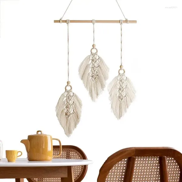 Tapices de pared macramé colgante tapiz bohemio con borlas de hojas arte de cordón de algodón para apartamento dormitorio sala de estar beige