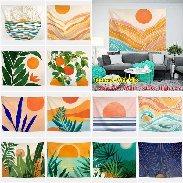 Tapisseries aquarelle mer coucher de soleil forêt tropicale impression tapisserie plantes paysage abstrait salon chambre décor à la maison