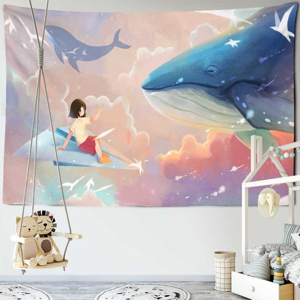 Tapisseries murales suspendues avec Illustration de baleine, pour fille, Dragon de mer, poisson, tapis Hippie, décor de chambre d'enfant