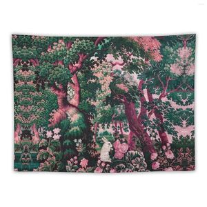 Tapices blancos entre los árboles de vegetación rosas en el paisaje del bosque Decoraciones de la casa de tapiz de color verde rosado