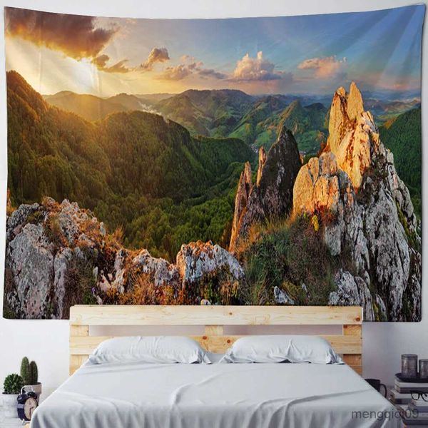 Tapisseries Wilderness Park Vert Pin Arbres Coucher De Soleil Montagnes Paysage Tenture Murale Tapisserie Pour Salon Dortoir Décor À La Maison R230710