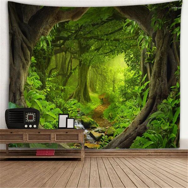 Tapisseries murales de paysage de fenêtre, tapisserie murale de fond en tissu, trou d'arbre, poêle suspendue, grande taille