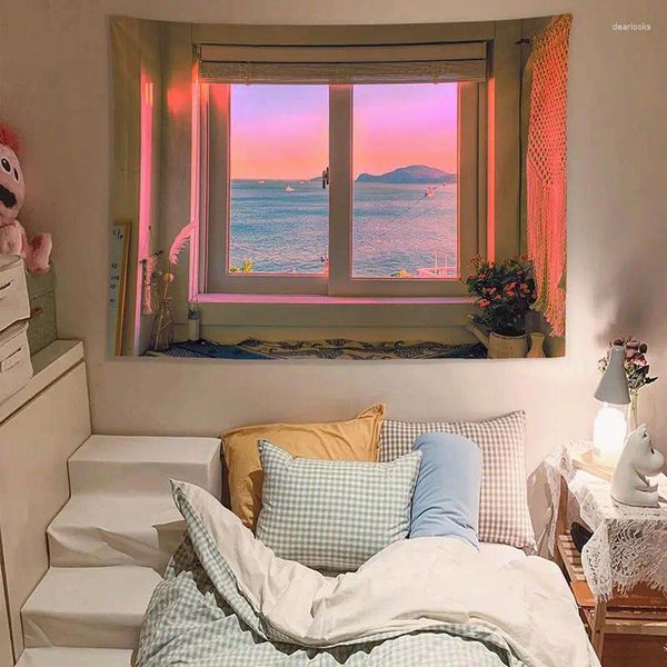 Tapisseries de paysage de fenêtre, décoration murale Vintage, vacances en mer, décoration de chambre à coucher, décoration de chambre à coucher
