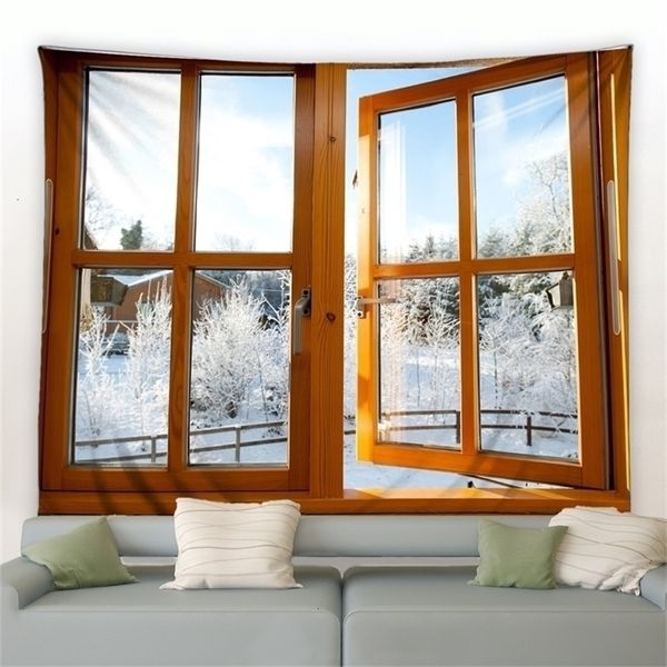 Tapisseries fenêtre paysage d'hiver tapisserie toile de fond scène de forêt enneigée année noël tenture murale pour chambre salon dortoir décor 231122