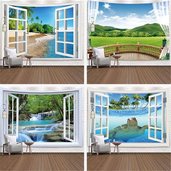 Tapisseries fenêtres plage arbre cascade grande tapisserie vert forêt paysage tenture murale décor pour dortoir esthétique