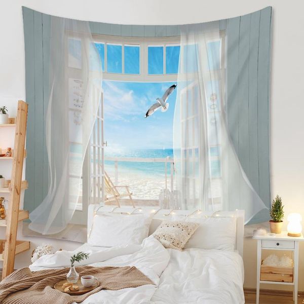 Tapisseries Fenêtres Paysage Marin Tapisserie Tenture Murale Nuit Paysage Tissu Hippie Boho Décor À La Maison Mouette Tissu