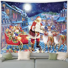 Tapisseries Tapisserie de Noël d'hiver Père Noël Renne Cadeaux Ville Nuit Scène Enneigée Année Tenture Murale Maison Salon Décor Mural 231207