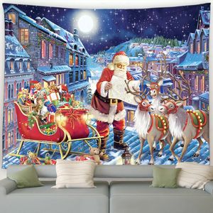 Tapisseries Tapisserie de Noël d'hiver Père Noël Renne Cadeaux Ville Nuit Scène Enneigée Année Tenture Murale Maison Salon Décor Mural 231201