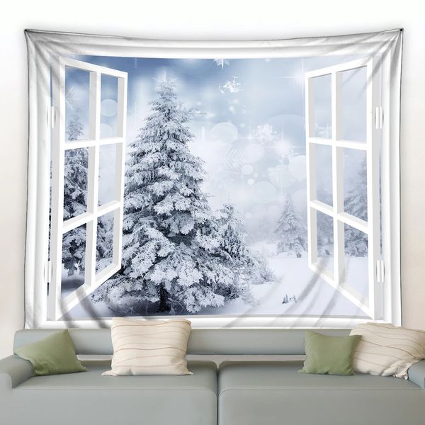 Tapisseries Hiver Pin Forêt Paysage Tapisserie Blanc Flocon De Neige Arbre De Noël Tenture Murale Couverture Salon Chambre Dortoir Décoration Rideau 231201