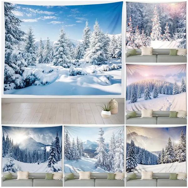 Tapisseries Tapisserie d'hiver hiver montagne pins arbres Nature paysage tapisseries année noël tenture murale maison salon décor 231109
