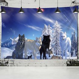 Tapisseries murales suspendues avec regard de loup, neige, noir et blanc, arrière-plan Hippie, tapis de décoration, nappe de Table