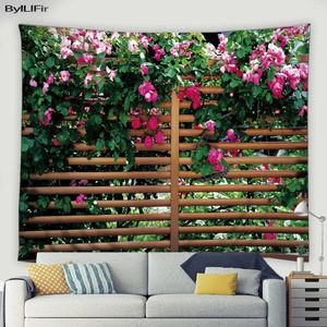 Tapisseries Fleurs de clôture en bois tapisserie rose plantes florales modernes jardin nature paysage mur suspendu maison salon décoration de chambre à coucher