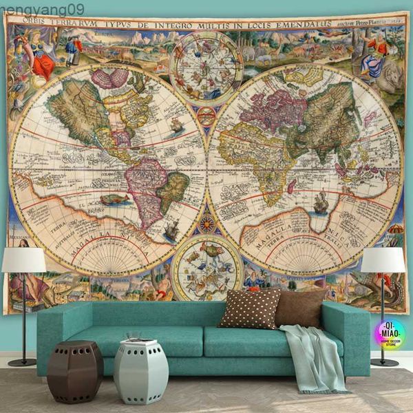 Tapisches Carte du monde Tapestry Mur médiéval suspendu Kawaii Home Decoration Boho Room Decor Vintage Goth Myth Grand Tissu mur Tapestry Art R230817