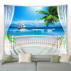 Tapestry stranddecor muur hangende tapijten zeilboot oceaan zee tropisch eiland palm