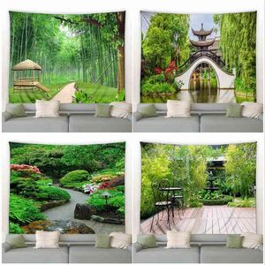 Tapisserie murale de paysage de jardin chinois, tapis en arc de bambou vert de printemps, pont N