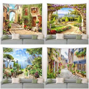 Tapisserie Style européen paysage mur tapis italie rétro rue ville plantes Fl