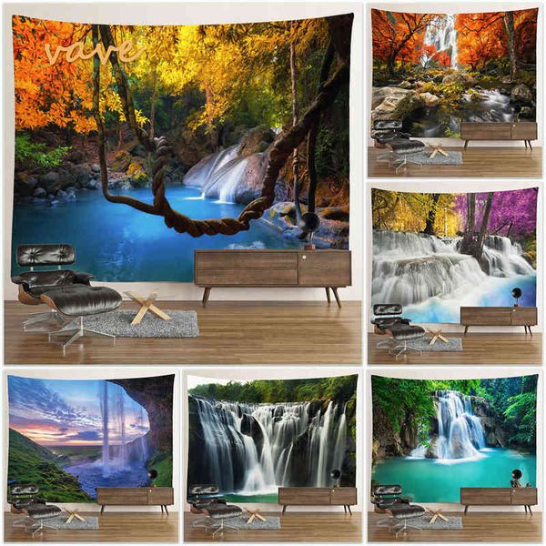 Tapisserie Forêt Arbre Jungle Grand Tissu Tapis Tenture Murale Paysage Waterfal