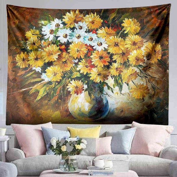 Tapiz Colgante Planta Paisaje Mapa Girasol Fondo Tela Pintura en vivo Pared de cabecera J220804