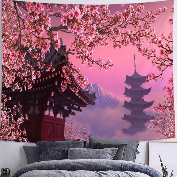 Tapiz Japón Tapiz de flores de cerezo rosa Monte Fuji Colgante de pared Templo antiguo