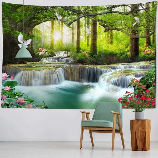 Tapestry Landscape Tapisseries Fantasy Forest Waterfall Mur suspendu bohemian décoration art wall tissu picnic nat nouée R0411