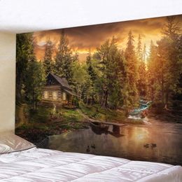 Tapestry Large Natural Forest Chalet By the Lake Wall Tapestry Hippie Landscape Tapestries Wall Hanging Art for Home Decoration 240321